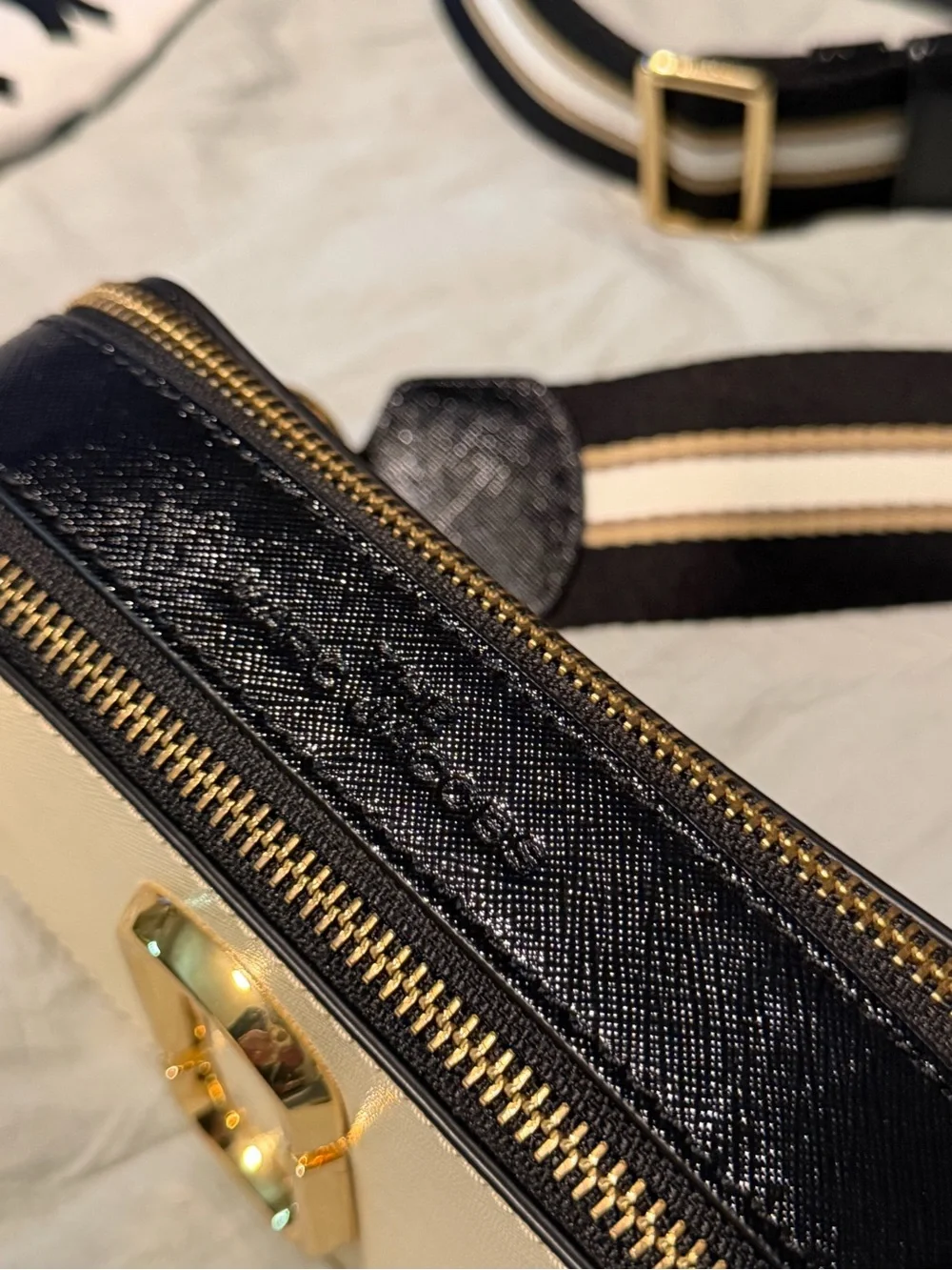 Marc Jacobs The Snapshot Small Camera Bag Cream/Gold Striped Strap Crossbody